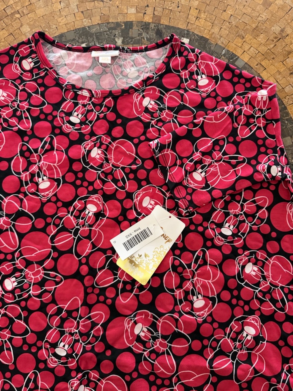 Disney Minnie Mouse LuLaRoe Irma  Pink & Black Polka Dot Tee.